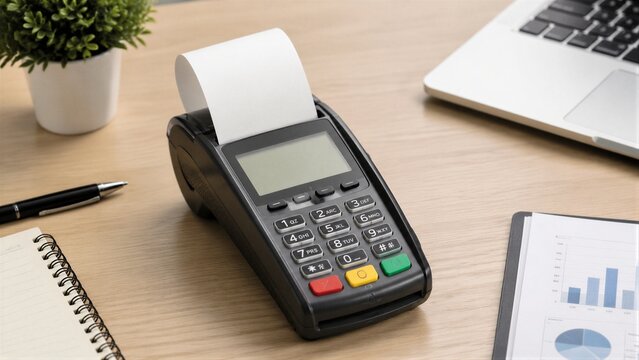 Payment terminal processing receipt on office desk during work