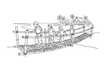 Obraz premium A group of four children walking together across a rustic bamboo bridge.
