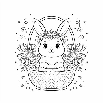 Easter bunny sitting in a flower basket coloring page
