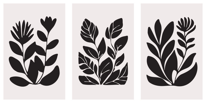Botanical silhouettes of tropical leaves arranged as a triptych on a light beige background