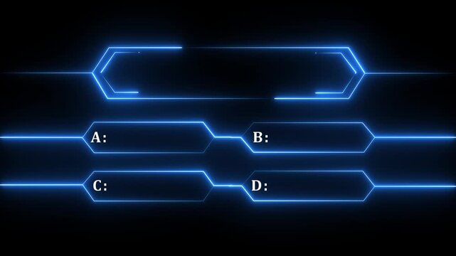 Animation of a neon blue quiz line with a choice of answer options on a black background. Question mark motion animation, futuristic cyber tech visual, asking doubts confusing graphics animation.4k
