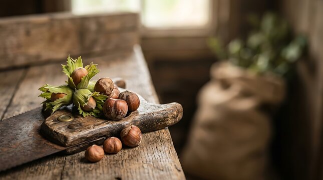 Freshly harvested hazelnuts on a rustic wooden workbench