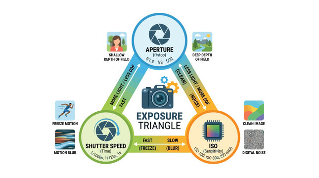 Photography, exposure triangle, aperture, shutter speed, ISO infographic, vector graphics