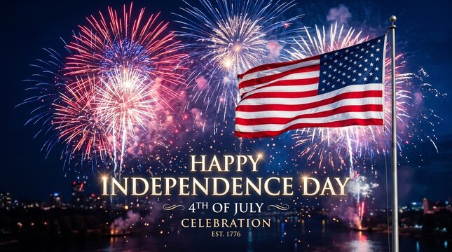 Happy Independence Day July 4th greeting text over night cityscape with spectacular red and blue fireworks and a waving American flag on a flagpole.