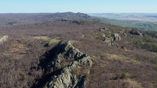 Urals in spring: Irendyk ridge, Mount Karatashmas. Aerial view.