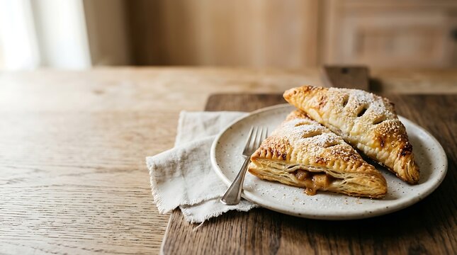 Freshly baked apple turnovers dusted with sugar on a rustic table
