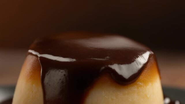 Close-up of Delicious Custard Pudding with Rich Chocolate Sauce Dripping Down the Sides