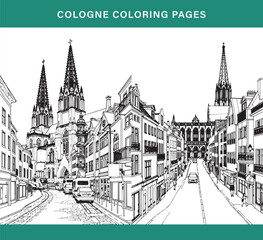Fototapeta premium Cologne coloring pages pack with Germany landmarks outline and cathedral vector line art illustrations. Detailed European gothic architecture set for adult coloring book and travel graphic design