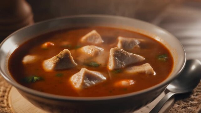 Steaming hot bowl of hearty seafood soup with fish chunks and herbs