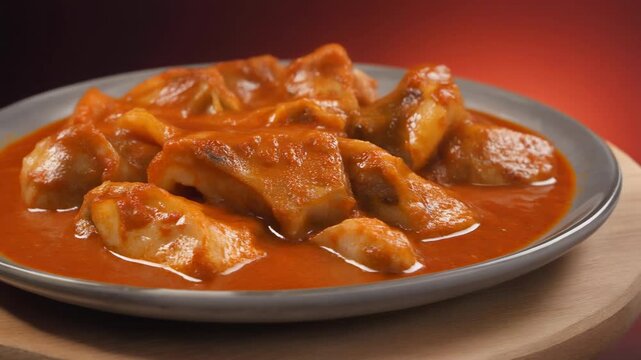 Cooked fish fillets in rich tomato sauce on a plate.