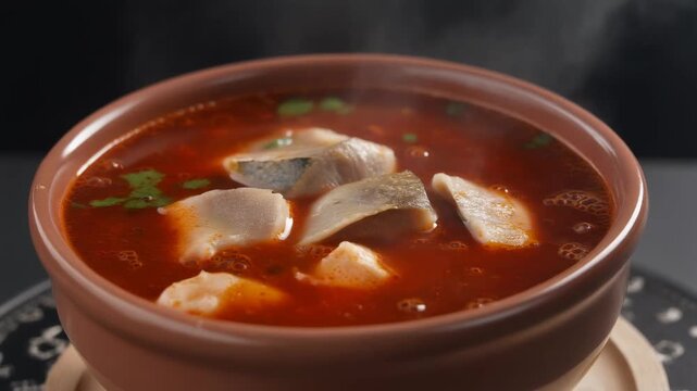 Hot Steaming Fish Soup with Tomato Broth in Ceramic Bowl