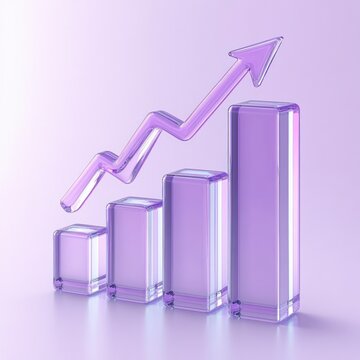 glossy transparent purple glass bar chart with four ascending columns and a rising arrow conveying growth and optimistic momentum