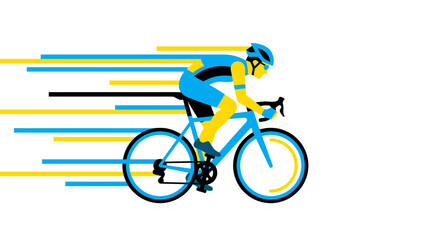 Fototapeta premium Cyclist rides quickly on a blue bicycle through motion lines outdoors.
