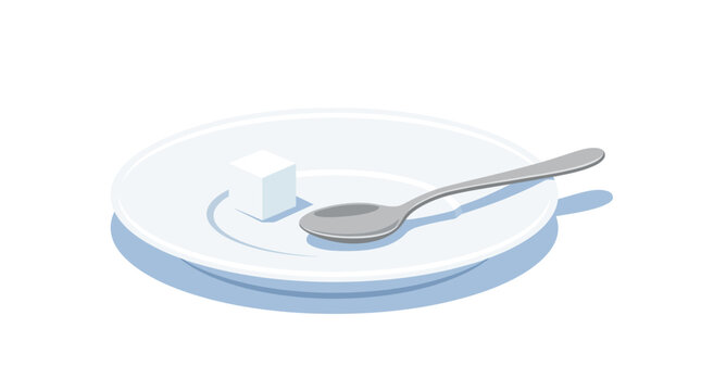 A minimalist 2D flat vector illustration of a spoon and sugar cube on a plate