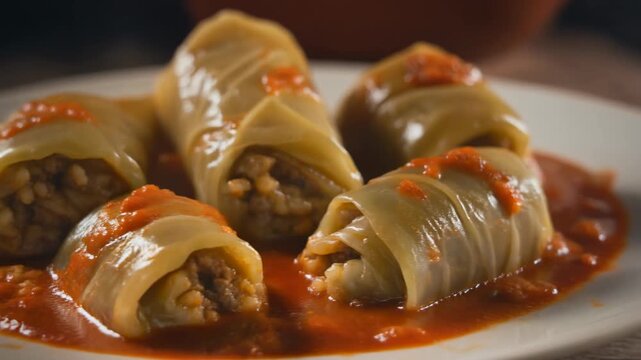 Close-up of Delicious Stuffed Cabbage Rolls with Meat and Rice in Tomato Sauce, Traditional European Cuisine
