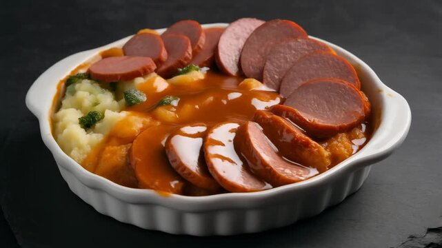 Sliced sausages with mashed potatoes and gravy in white dish