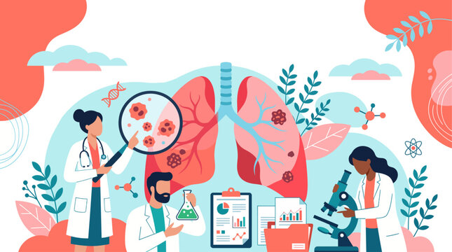 Scientists and medical professionals collaborate in a lab, researching and diagnosing lung cancer to raise awareness on World Lung Cancer Day for improved public health