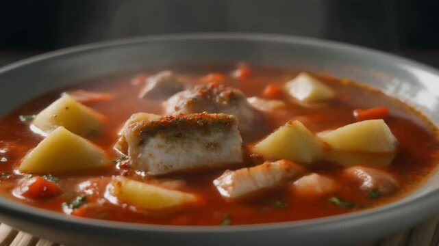 Steaming Hot Homemade Fish Soup with White Fish Fillet, Potatoes, and Carrots in Red Tomato Broth