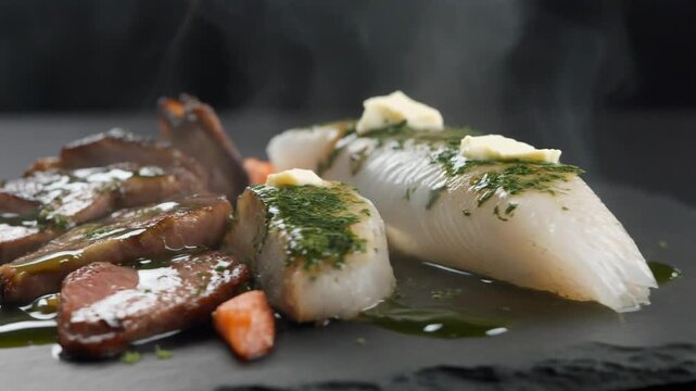 Gourmet Steaming Dish of White Fish Fillet and Seared Meat with Herb Butter on Slate Plate