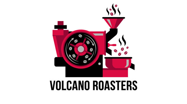 A striking flat vector logo of Volcano Roasters features coffee roaster machine.