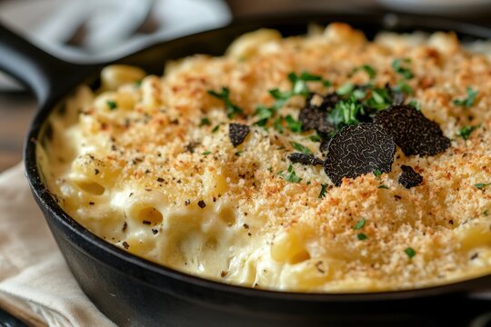Mac and cheese truffle cheese pasta baked casserole skillet creamy breadcrumb gourmet dish with truffle and baked mac and cheese in cast iron skillet topped with herb and breadcrumb crust