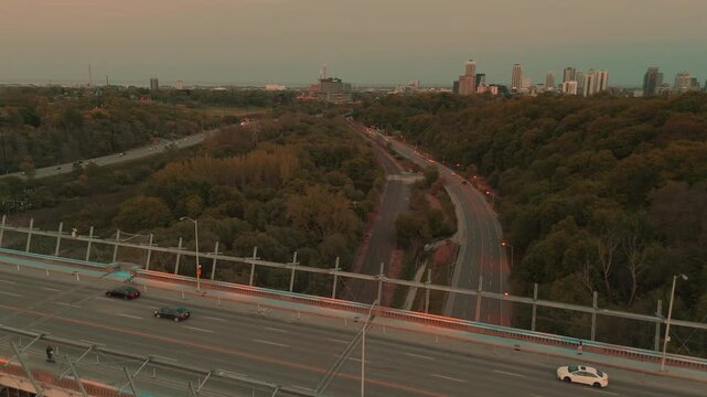 Toronto Bloor Viaduct Don Valley Autumn Dusk Aerial Drone 4K