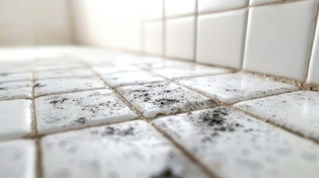 Close-up of white ceramic countertop and wall tiles with scattered black grime and dirty grout, shallow focus conveying neglect and need for cleaning