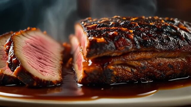 Sliced grilled medium-rare steak with dark glaze and steam on a plate