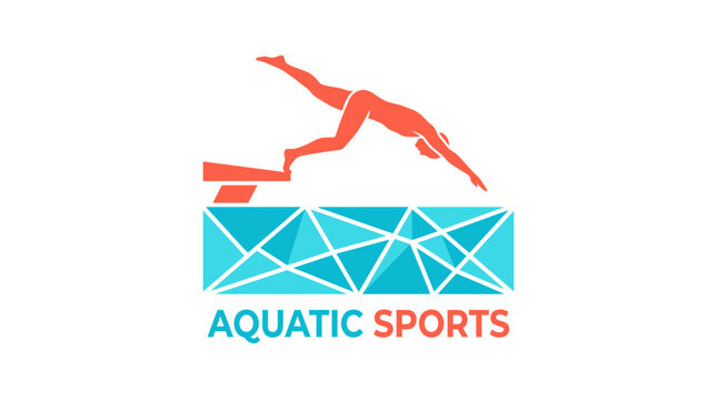 A competitive swimmer dives into a pool with a vibrant geometric pattern from a diving board.