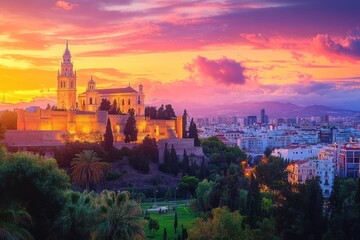 Obraz premium majestic hilltop cathedral and fortress glowing under a vibrant sunset above a city with palm trees and lush park, serene and dramatic evening light