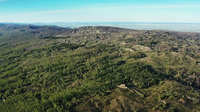 Urals in spring: Irendyk ridge, Mount Karatashmas. Aerial view.