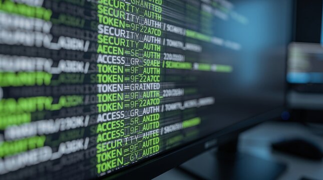 Lines of computer code with security tokens displayed on screen