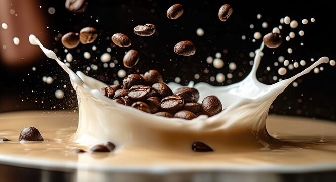 roasted coffee beans splashing into creamy milk with flying droplets, energetic and indulgent close-up