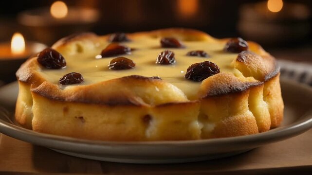 Delicious Homemade Baked Cheesecake Topped with Raisins Served on a Plate with Warm Ambient Lighting