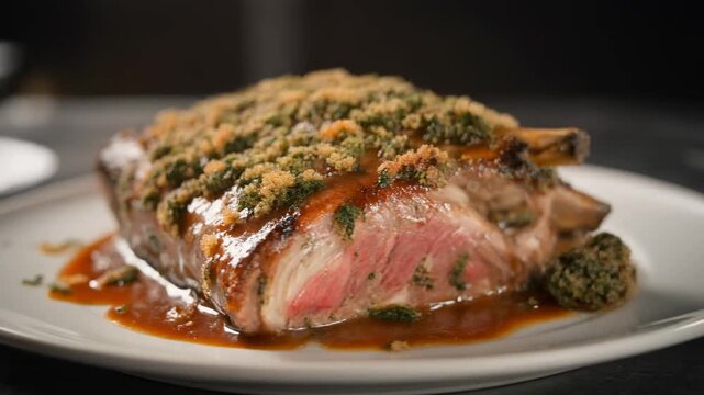 Herb-Crusted Roasted Rack of Lamb with Savory Sauce Served on a White Plate