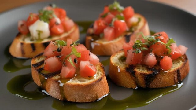 Fresh tomato bruschetta appetizers on a dark plate with olive oil.