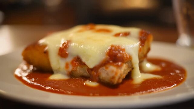 Delicious Chicken Parmigiana with Melted Mozzarella Cheese and Tomato Sauce Served on a White Plate