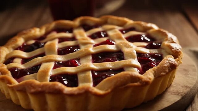 Homemade cherry pie with golden lattice crust on rustic wooden board
