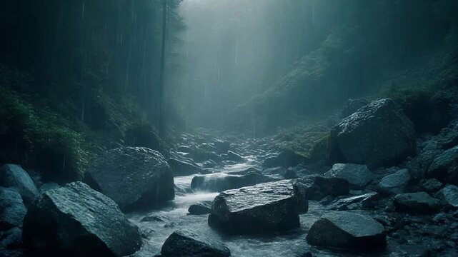 Mountain stream flowing through rocks during heavy downpour