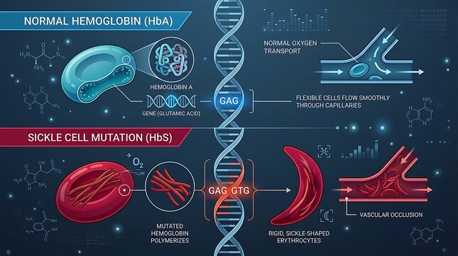 Medical infographic showing normal and sickle cell hemoglobin.