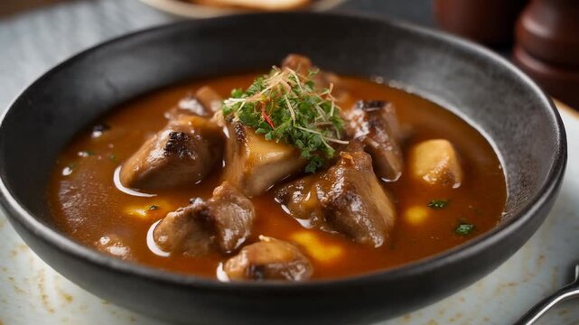 Gourmet mushroom stew with fresh garnish in a dark ceramic bowl