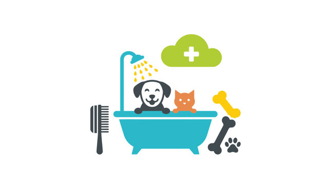 Colorful pet grooming icon with dog and cat bathing.
