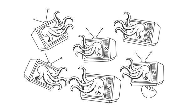 Retro televisions with emerging octopus tentacles in a flat monoline art style surreal creature concept