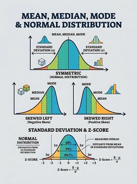 Educational infographic for normal distribution and statistical skew