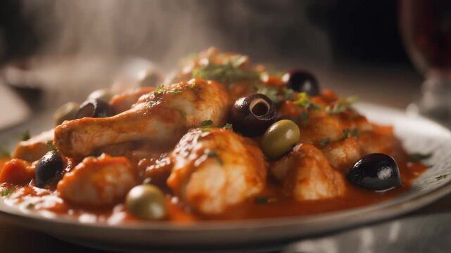 Steaming chicken stew with olives and tomato sauce