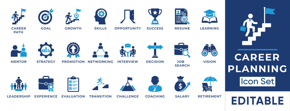 Career planning and development solid icon set. Includes symbols for Career Path, Professional Networking, and Leadership Coaching. Vector icons for human resources and corporate management.