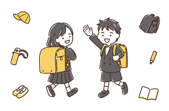 ランドセルを背負っている小学生の女の子と男の子・学用品セット／シンプルカラー