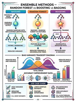 Machine learning ensemble methods infographic comparing bagging and boosting