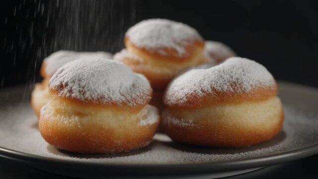 Sprinkling Powdered Sugar on Freshly Baked Mini Donuts against Dark Background