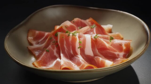 Slices of cured prosciutto ham with herb garnish in a bowl.